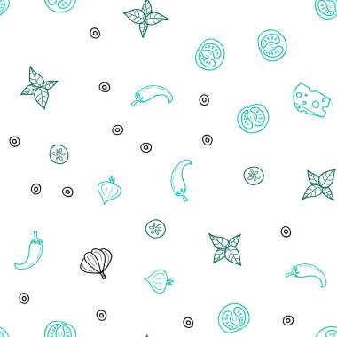 Işık yeşil vektör gurme mutfağı ile sorunsuz kapak. Gıda doodle tarzı ile güzel renkli resimde. Desen reklamlar Kahvaltı, Öğle Yemeği, akşam yemeği için.