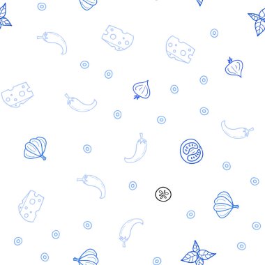 Hafif mavi vektör sorunsuz arka plan ile lezzetli yemekler. Dekoratif illüstrasyon gıda ile soyut şablonunda parlayan. Desen reklamlar Kahvaltı, Öğle Yemeği, akşam yemeği için.