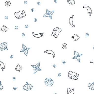 Koyu mavi vektör lezzetli atıştırmalıklar ile sorunsuz doku. Resimde dizi doodle tarzı taze yiyecek. Desen reklamlar Kahvaltı, Öğle Yemeği, akşam yemeği için.