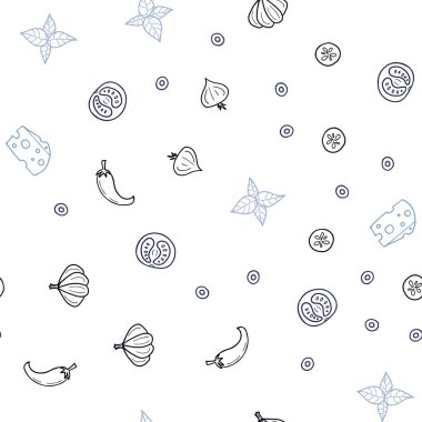 Koyu mavi restoran gıda ile sorunsuz düzen vektör. Glitter gurme gıda ile soyut kroki. Kafe işletme reklamınız için tasarım doodle.