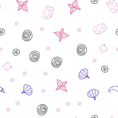 Pembe ışık, vektör sorunsuz şablon organik yemek ile mavi. Bulanık dekoratif tasarım doodle tarzı aperatifler. Desen menüsü kafeteryalar, barlar, restoranlar için.