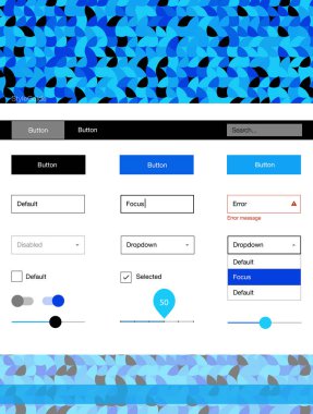 Noktalı ışık mavi vektör UI kiti. Basit malzeme tasarım kiti üstbilgisindeki renkli noktalar ile. Web siteleri, açılış sayfaları için güzel düzeni.