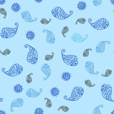 Hafif mavi vektör sorunsuz doodle desenle yaprak ve çiçek. İllüstrasyon soyut şablonundaki karalamalar ile. İşiniz için tamamen yeni bir tasarım.