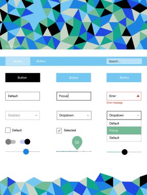 Açık mavi, yeşil vektör tasarım UI kiti ile mozaik. Basit malzeme tasarım kiti ile üçgen renkli mozaik. Bu örnek açılış sayfanız için mu.