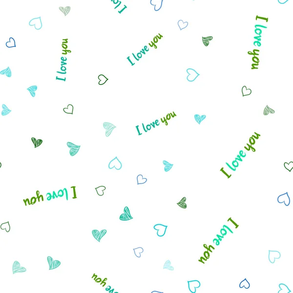 淡蓝色 绿色矢量无缝布局与甜心 在情人节的爱情概念插图 图案可用于情人节广告 小册子 — 图库矢量图片