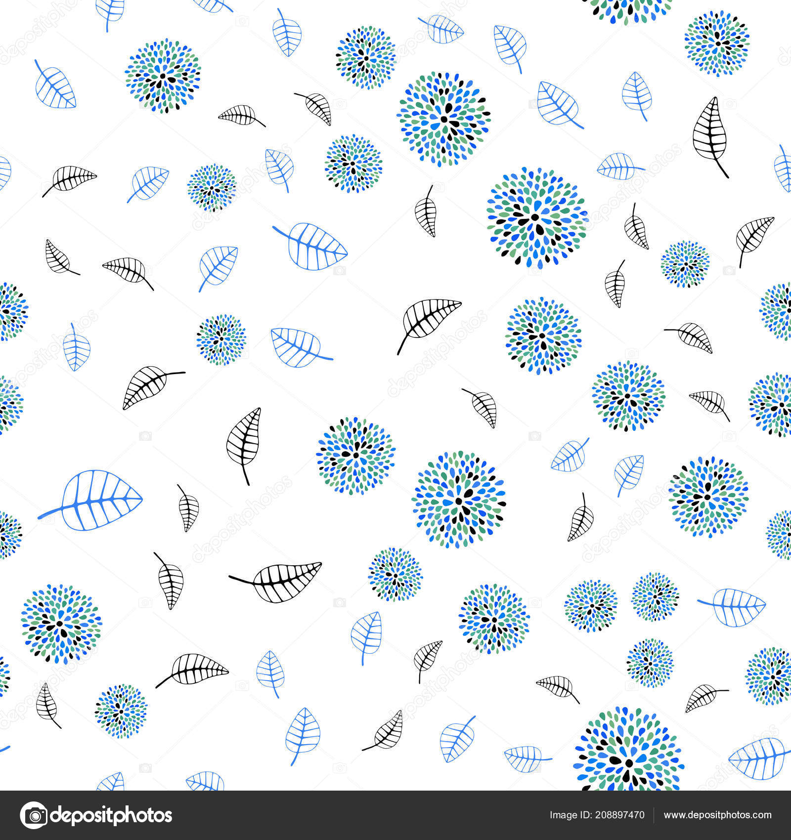 Light Blue Green Vector Seamless Doodle Background Leaves Flowers