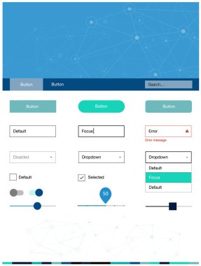 Açık mavi, vektör malzeme tasarım kiti çizgiler, daireler ile yeşil. UI Ux kiti başlığını poligonal renkli arka plan ile. Açılış sayfanız için modern şablon.