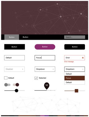 Koyu pembe, kırmızı daireler ile poligonal tarzı kullanıcı arabirimi kiti vektör. UI Ux kiti başlığını poligonal renkli arka plan ile. Web siteleri için basit renkli tasarım.