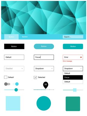 Açık mavi, yeşil vektör web UI kiti poligonal tarzı. Web Kullanıcı arabirimi kiti ile onun üstbilgisindeki soyut degrade üçgenler. Web siteleri, açılış sayfaları için güzel düzeni.