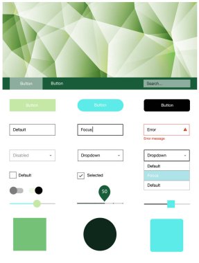 Açık mavi, vektör malzeme tasarım kiti hatları ile yeşil. UI Ux kiti başlığını poligonal renkli arka plan ile. Web siteleri için basit renkli tasarım.
