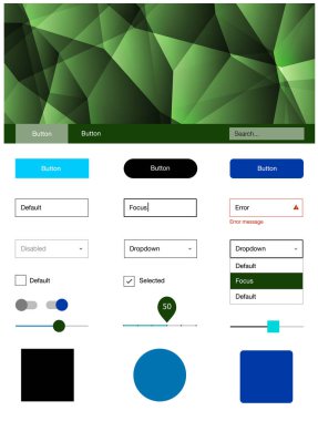 Açık mavi, yeşil vektör UI kiti poligonal tarzı. Üçgenler ile poligonal tarzında modern stil rehberi. Web siteleri için basit renkli tasarım.