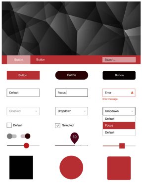 Üçgenler ile koyu kırmızı vektör stil rehberi. Web Kullanıcı arabirimi kiti ile onun üstbilgisindeki soyut degrade üçgenler. Açılış sayfanız için modern şablon.