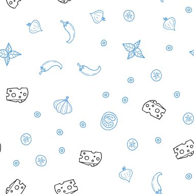 Hafif mavi vektör Restoran gıda ile sorunsuz düzeni. Bulanık dekoratif tasarım doodle tarzı aperatifler. Desen menüsü kafeteryalar, barlar, restoranlar için.