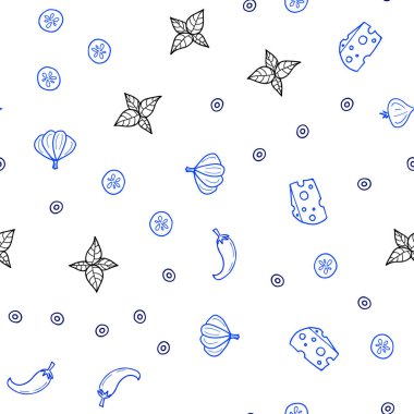 Hafif mavi vektör taze malzemelerle seamless modeli. Resimde dizi doodle tarzı taze yiyecek. Desen reklamlar Kahvaltı, Öğle Yemeği, akşam yemeği için.