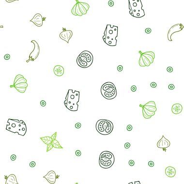 Açık yeşil, sarı vektör sorunsuz doku ile lezzetli aperatifler. Glitter gurme gıda ile soyut kroki. Reklam, kitapçıklar, broşürler restoranlar için desen.