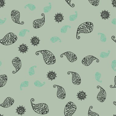 Açık mavi, yeşil vektör sorunsuz doodle arka plan ile yaprak ve çiçekler. Soyut illüstrasyon yaprakları, çiçekleri karalamalar tarzı ile. El boyalı tasarım web, broşür, tekstil.