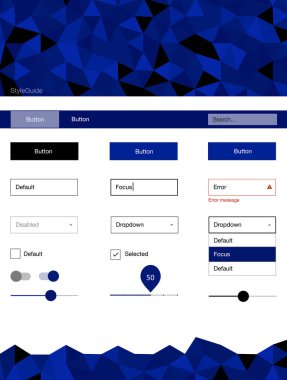 Koyu mavi vektör tel kafes kiti kristalleri ile. UI Ux kiti başlığını poligonal renkli arka plan ile. Bu örnek için sitesidir.