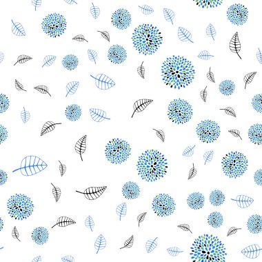 Açık mavi, yeşil vektör sorunsuz doodle arka plan ile yaprak ve çiçekler. Glitter soyut resimde yaprak ve çiçek ile. El tasarım web, kaydırma için boyalı.