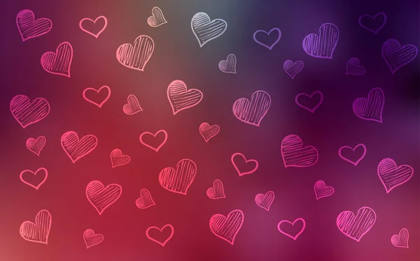 浅粉红色 红色矢量模板与涂鸦的心 心在模糊的抽象背景上带有色彩的渐变 情人节贺卡模板 — 图库矢量图片