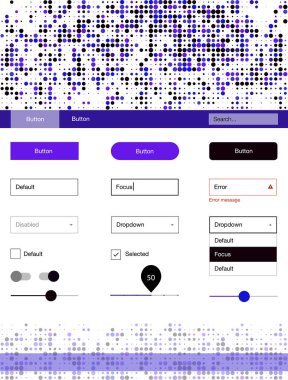 Koyu pembe, mavi vektör tasarım UI kiti ile nokta. Güzel UI ux kiti ile onun üstbilgisindeki renkli noktalar. Açılış sayfanız için modern şablon.