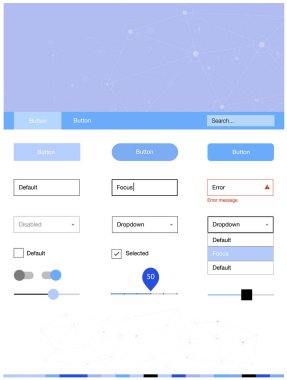 Üçgen, daire ile ışık mavi vektör stil rehberi. Web Kullanıcı arabirimi kiti ile soyut üçgenler, başlığını çevrelerde. Web siteleri için basit renkli tasarım.