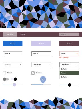 Açık mavi, yeşil vektör UI ux kiti üçgen tarzı. Basit malzeme tasarım kiti ile üçgen renkli mozaik. Açılış sayfanız için modern şablon.