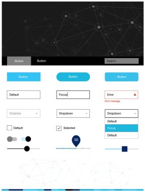 Koyu mavi vektör web UI kiti poligonal tarzı daireler ile. Renkli üçgen, daire basit malzeme tasarım kiti. Web siteleri, açılış sayfaları için güzel düzeni.