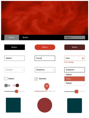 Evren yıldız ışık kırmızı vektör tasarım UI kiti. Basit malzeme tasarım kiti üstbilgisindeki renkli bulutlar ile. Bu web siteleri için kullanabileceğiniz şablon.