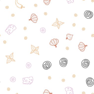 Açık mavi, sarı vektör sorunsuz doku ile lezzetli aperatifler. Resimde dizi doodle tarzı taze yiyecek. Desen reklamlar Kahvaltı, Öğle Yemeği, akşam yemeği için.