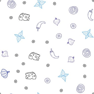 Hafif pembe, mavi vektör sorunsuz doku ile lezzetli aperatifler. Fast Food renkli gradyan ile bulanık arka plan üzerinde. Mutfakta yemek yemek için şablon.