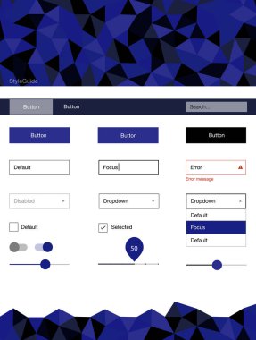 Koyu mavi vektör web UI kiti poligonal tarzı. Dekoratif UI takımı tasarım renkli kristaller ile soyut tarzda. Açılış sayfanız için modern şablon.