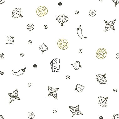 Koyu yeşil, sarı vektör sorunsuz şablon organik yemek ile. Glitter gurme gıda ile soyut kroki. Mutfakta yemek yemek için şablon.