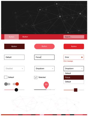 Işık kırmızı vektör web UI kiti poligonal tarzı daireler ile. Renkli üçgen, daire basit malzeme tasarım kiti. Web siteleri için basit renkli tasarım.