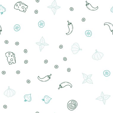 Açık mavi, yeşil vektör sorunsuz doku ile lezzetli aperatifler. Glitter gurme gıda ile soyut kroki. Desen reklamlar Kahvaltı, Öğle Yemeği, akşam yemeği için.