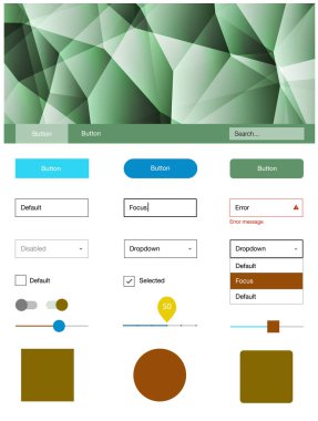 Açık mavi, sarı vektör UI ux kiti üçgen tarzı. Basit malzeme tasarım kiti ile üçgen renkli mozaik. Açılış sayfanız için modern şablon.