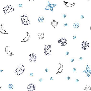 Koyu pembe, mavi restoran gıda ile sorunsuz düzen vektör. Gıda doodle tarzı ile güzel renkli resimde. Desen menüsü kafeteryalar, barlar, restoranlar için.