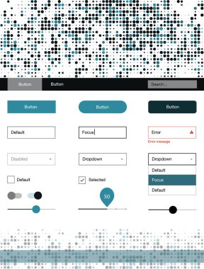Koyu mavi vektör UI kiti noktalı. Güzel UI ux kiti ile onun üstbilgisindeki renkli noktalar. Web siteleri için basit renkli tasarım.