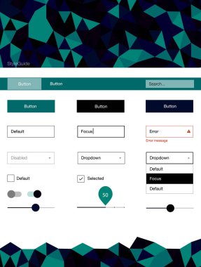 Koyu mavi, yeşil UI kiti poligonal tarzı vektör. UI Ux kiti başlığını poligonal renkli arka plan ile. Web siteleri, açılış sayfaları için güzel düzeni.