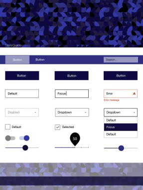 Koyu mor noktalı malzeme tasarım kiti vektör. Basit malzeme tasarım kiti üstbilgisindeki renkli noktalar ile. Açılış sayfanız için modern şablon.