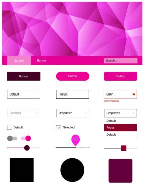 Koyu pembe vektör web UI kiti poligonal tarzı. Dekoratif UI takımı tasarım renkli kristaller ile soyut tarzda. Bu örnek açılış sayfanız için mu.