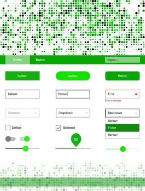 Işık yeşil vektör tasarım UI kiti noktalı. Arka plan üzerinde renkli stil rehberi daireler ile. Açılış sayfanız için modern şablon.