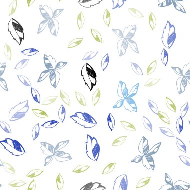 Açık mavi, yeşil yaprakları ile vektör sorunsuz doodle şablonu. Renkli resimde doodle tarzı yaprakları ile. Tekstil, kumaş, duvar kağıtları için tasarım.