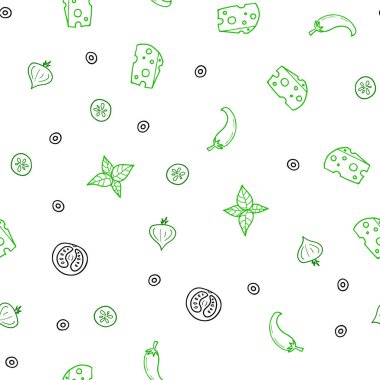 Işık yeşil vektör taze malzemelerle seamless modeli. Glitter gurme gıda ile soyut kroki. Mutfakta yemek yemek için şablon.