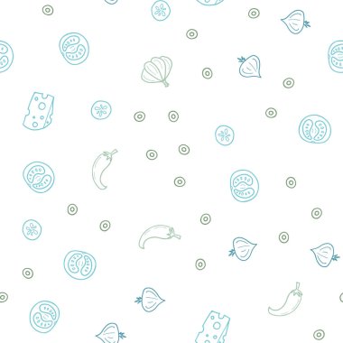 Açık mavi, taze malzemelerle Dikişsiz desen vektör yeşil. Dekoratif illüstrasyon gıda ile soyut şablonunda parlayan. Kafe işletme reklamınız için tasarım doodle.