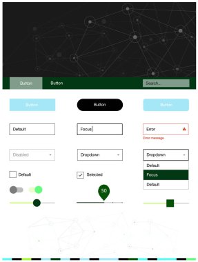Açık mavi, yeşil vektör UI kiti poligonal tarzı daireler ile. UI takımı tasarım renkli kristaller, soyut tarzda daireler. Web siteleri için basit renkli tasarım.