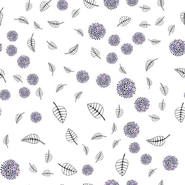 Koyu pembe, mavi vektör sorunsuz doodle düzeniyle yapraklar, çiçekler. Renkli resimde doodle tarzı yaprakları, çiçekleri ile. Desen için modaya uygun Kumaş, duvar kağıtları.