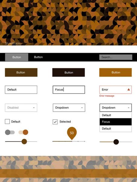 Noktalı koyu turuncu vektör UI kiti. Arka plan üzerinde renkli stil rehberi daireler ile. Web siteleri için basit renkli tasarım.