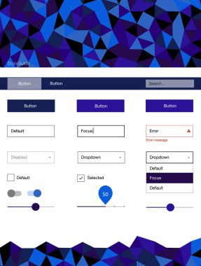 Koyu mavi vektör UI ux kiti üçgen tarzı. Üçgenler ile poligonal tarzında modern stil rehberi. Bu örnek açılış sayfanız için mu.