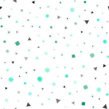 Işık yeşil vektör poli tarzı daireler, küpleri ile ile sorunsuz doku. Renkli daireler, üçgen, dikdörtgen resimde. Desen tasarım pencere panjur, perdeler.