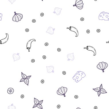 Hafif mor vektör Restoran gıda ile sorunsuz düzeni. Resimde dizi doodle tarzı taze yiyecek. Desen reklamlar Kahvaltı, Öğle Yemeği, akşam yemeği için.